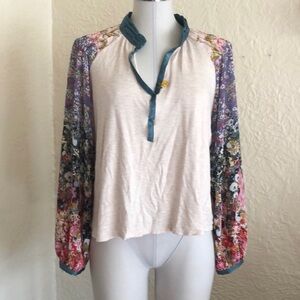 Anthropologie Tiny Floral Scarf Balloon Sleeve Top Blouse Cream Teal Green Blue